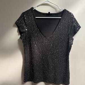Express Black Sequin V-Neck Short Sleeve Top